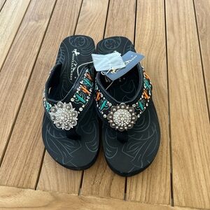 Yellow Box Black Sandals with Beaded Floral Accent